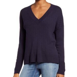 Treasure & Bond Blue Ribbed V-Neck Sweater Size M Soft Knit Pullover